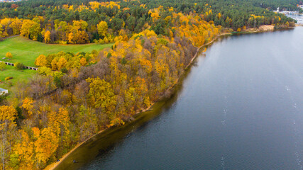 Fototapeta na wymiar Pazaislis Monastery and Church. Drone aerial autumn color view. Lithuania Kaunas