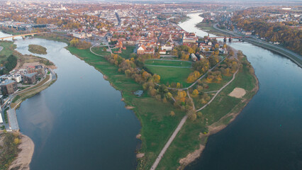 River Neris and Nemun confluence in Kaunas Lithuania. Drone aerial city and nature view. Kauno...