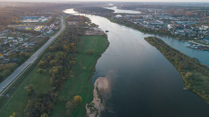 River Neris and Nemun confluence in Kaunas Lithuania. Drone aerial city and nature view. Kauno...