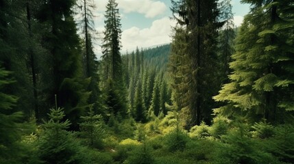 Fototapeta na wymiar Healthy green trees in a forest of old spruce fir.Generative AI