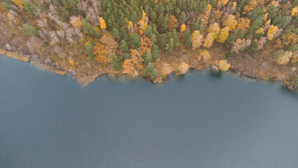 Autumn lake, river around fall color. Drone aerial nature view. Water and forest