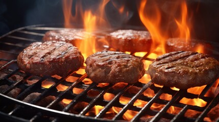 Hamburger patties sizzling on the barbecue