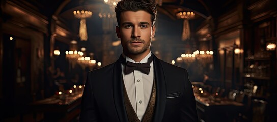 Elegancki mężczyzna w garniturze z muchą na ciemnym luksusowym tle.  - obrazy, fototapety, plakaty