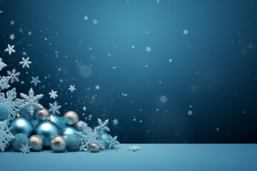 Fototapeta na wymiar Christmas blue balls and white snowflake on blue background.