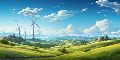 Turbiny wiatrowe na zielonych polach.  - obrazy, fototapety, plakaty