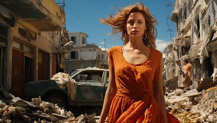 Dziewczyna idąca przez zniszczone wojną miasto.  - obrazy, fototapety, plakaty