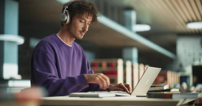 Portrait of a Smart Male Putting On Headphones and Working on a Laptop Computer. Young Man Doing a Homework Assignment and Preparing for Political Science Exams in a College Library