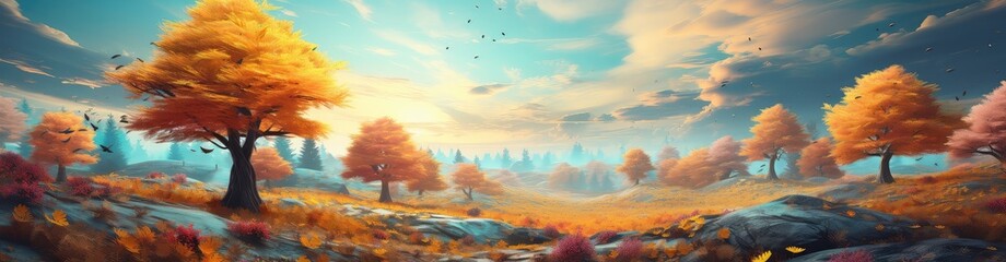 Jesienny krajobraz ze złotymi koronami drzew.  - obrazy, fototapety, plakaty