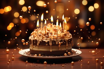 Tort urodzinowy ze świeczkami na słotym tle z bokeh.  - obrazy, fototapety, plakaty
