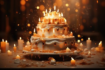 Tort urodzinowy ze świeczkami na słotym tle z bokeh. 
