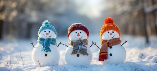 Kolorowe bałwany w czapkach i szalikach stojące na śniegu zimową porą. 