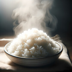 A hot cooked white rice on a plate. The steam should be rising from the rice, indicating