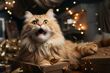 Adorable cat with Christmas gift boxes. Cute cat in a Christmas composition.