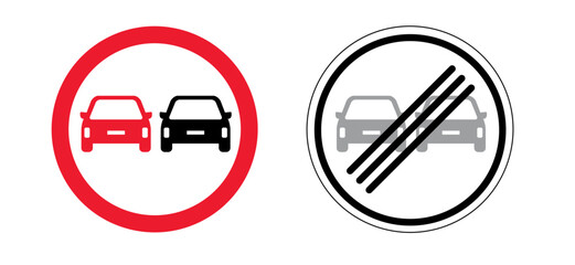 Non overtaking for cars signboard and End of overtaking ban. Stop, prohibition sign. Traffic, vehicle car symbol. No overtaking. Forbidden icon. Overtaking is prohibited. - obrazy, fototapety, plakaty