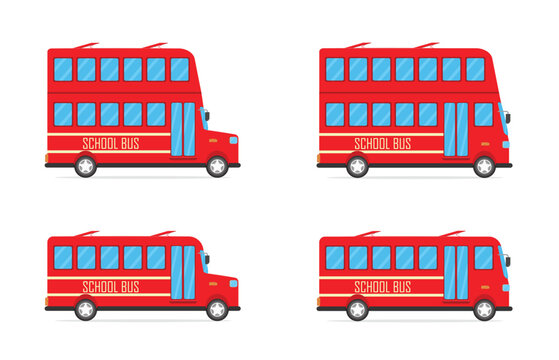 Vector illustration of kids red education school bus including double decker bus set transportation