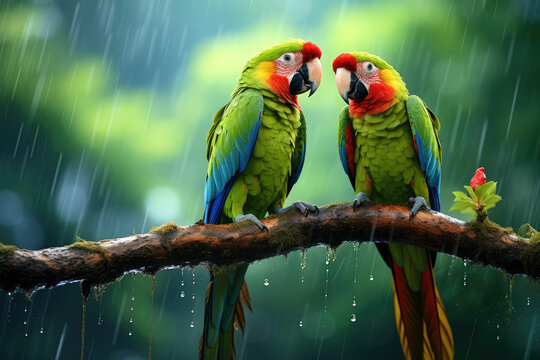 Great-Green Pa Macaws on tree, Ara ambigua, Wild rare bird in the nature habitat, sitting on the branch in Costa Rica. Wildlife scene in tropic forest. Dark forest with green macaw parrot