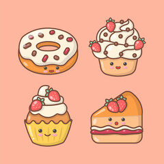 vector hand drawn dessert sweet doughnut cupcake cream brownies cheesecake kawai cute illustration