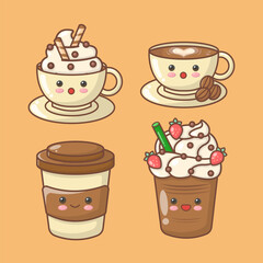vector hand drawn coffee beverages iced hot cup latte kawai cute illustration