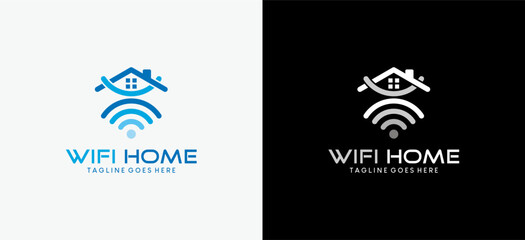 Smart home wifi logo design, vector illustration of internet signal technology house roof symbol - obrazy, fototapety, plakaty