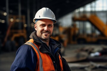 Happy man in an engineer hard hat at a construction site. Work process, construction of a house