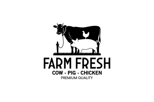 Animal farm logo design, vector illustration of rural animal farming logo, cows, pigs and chickens