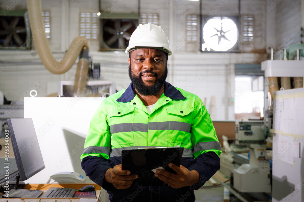 Poster portrait. african male engineer using a tablet computer. the background is a cnc cutting machine in 