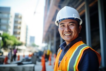 Happy asian man in an engineer hard hat at a construction site. Work process, construction of a house - obrazy, fototapety, plakaty