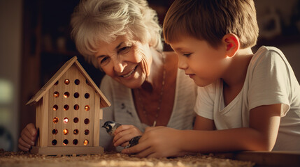 learn of young children playing with bird.grandmather and grandson 