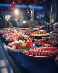 Fruits and vegetables on a buffet table in a restaurant or hotel - obrazy, fototapety, plakaty