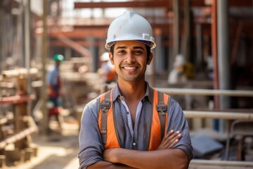 Happy indian man in an engineer hard hat at a construction site. Work process, construction of a house - obrazy, fototapety, plakaty