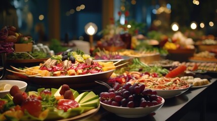 Fruits and vegetables on a buffet table in a restaurant or hotel - obrazy, fototapety, plakaty