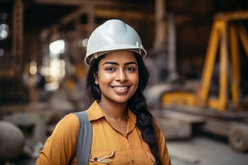 Happy indian woman in an engineer hard hat at a construction site. Work process, construction of a house