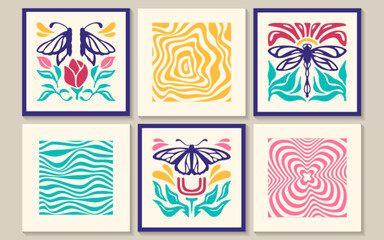 Groovy abstract poster set with groovy butterfly and dragonfly, flowers, waves and twirl pattern in matisse minimal style. Trendy retro banners with plants, curves print. Modern naive interior frames.