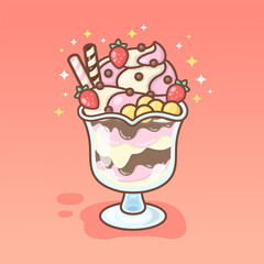 vector hand drawn ice cream with chocochips strawberry biscuit on glass illustration