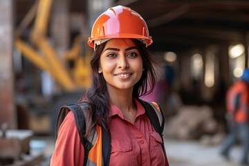 Happy indian woman in an engineer hard hat at a construction site. Work process, construction of a house