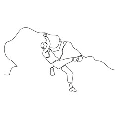 Continuous single line sketch drawing of man climbing a cliff mountain. One line extreme dangerous sport activity vector illustration
