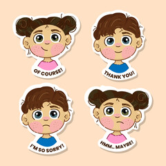 vector set of cartoon boy and girl thank you of course sorry maybe stickers pack