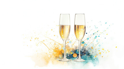 Watercolor illustration displaying a pair of champagne glasses with sparkling wine against a white backdrop, a perfect representation of festivity and merriment