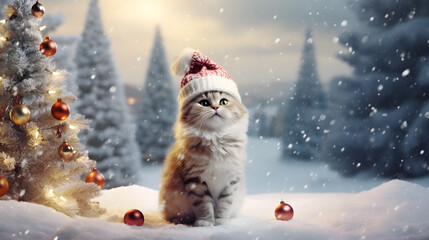 Cute cat playing outside on snow field with Christmas decorations.