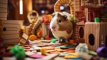 a pet guinea pig exploring a New Year maze made of cardboard, with tunnels and treats hidden along the way, showcasing curiosity and entertainment in the home space.
