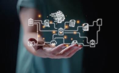 Ai tech, businessman show virtual graphic Global Internet connect Chat with Artificial Intelligence. using an ai or ux interface to access the metaverse of data. Futuristic technology transformation.