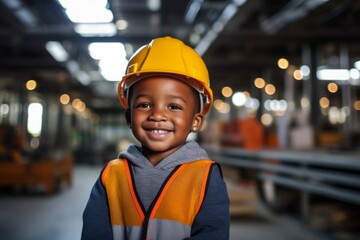 Happy african american child boy in an engineer hard hat at a construction site. Work process, construction of a house