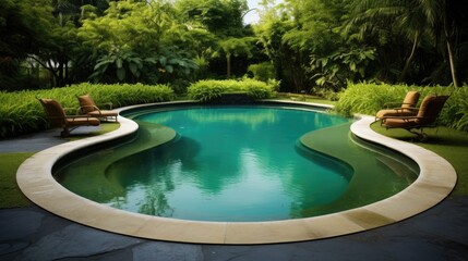 Swimming pool in the garden with sun loungers  - obrazy, fototapety, plakaty