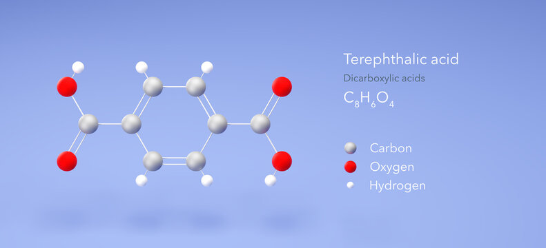 terephthalic acid molecule, molecular structures, precursor polyester pet, 3d model, Structural Chemical Formula and Atoms with Color Coding