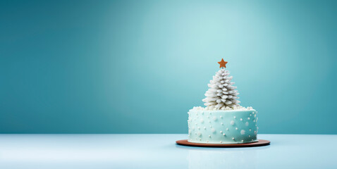 On a light blue background there is a Christmas cake decorated in the form of a Christmas tree. Minimalism. 