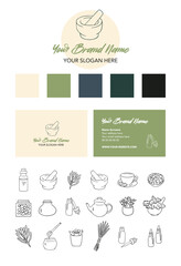 Vector visual identity and graphic charter with logo, colors, business card and pictograms for a naturopathy company