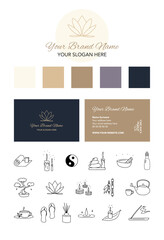 Vector visual identity and graphic charter with logo, colors, business card and pictograms for a spa and wellness company