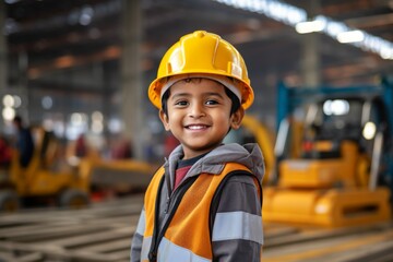 Happy indian child boy in an engineer hard hat at a construction site. Work process, construction of a house - obrazy, fototapety, plakaty