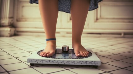 Woman measuring her weight using on floor - obrazy, fototapety, plakaty