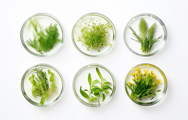 Petri dishes with different plants and cosmetic products on white background, top view
